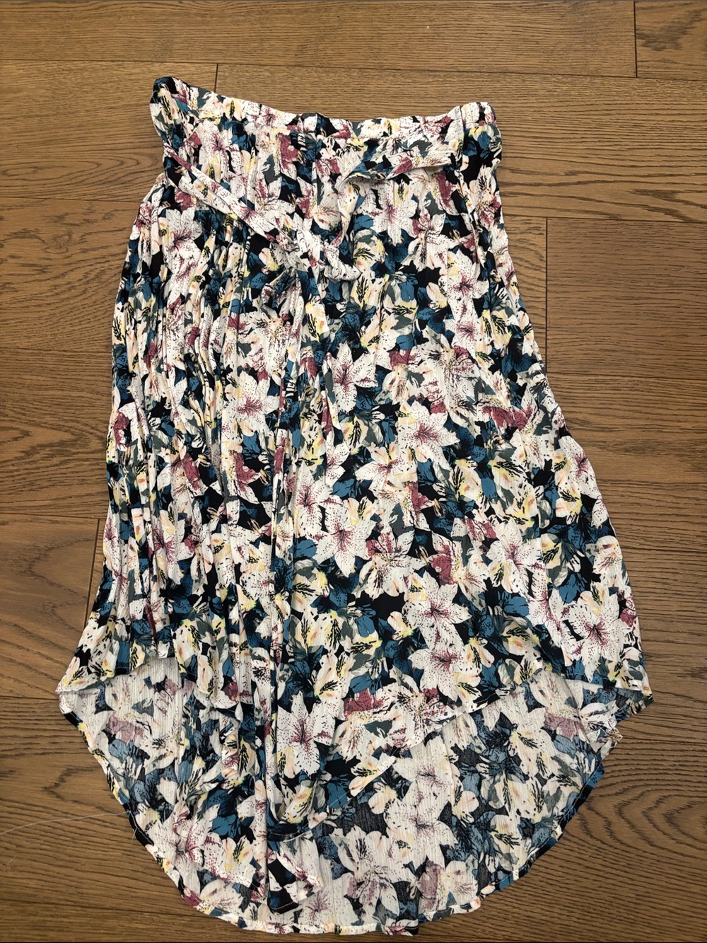 O'Neill Floral High-Low Wrap Skirt in White, Blue, Pink